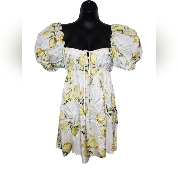For Love And Lemons Serafina Lemon Puff Sleeve Mini Dress Small - Picture 2 of 3